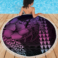 Hawaiian Sea Turtle Beach Blanket Pink Hibiscus Flowers and Kakau Pattern
