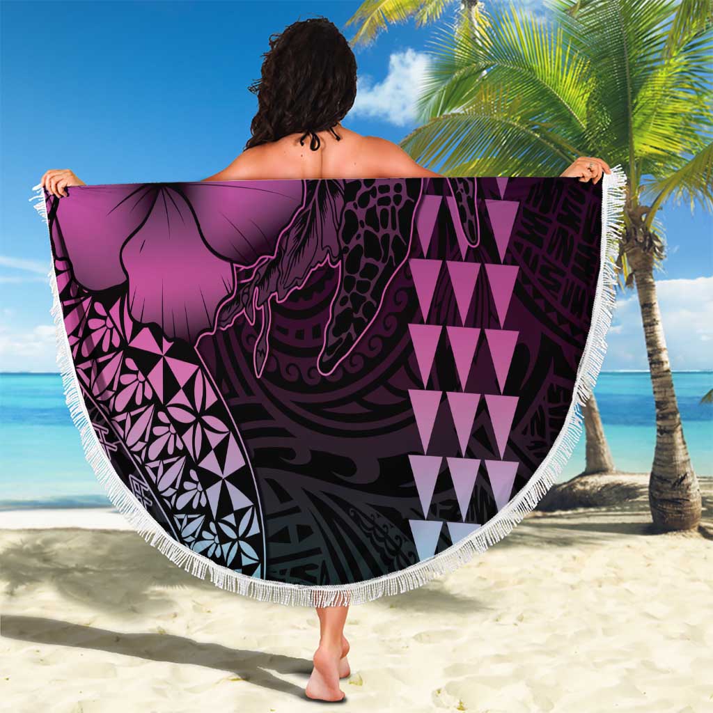 Hawaiian Sea Turtle Beach Blanket Pink Hibiscus Flowers and Kakau Pattern