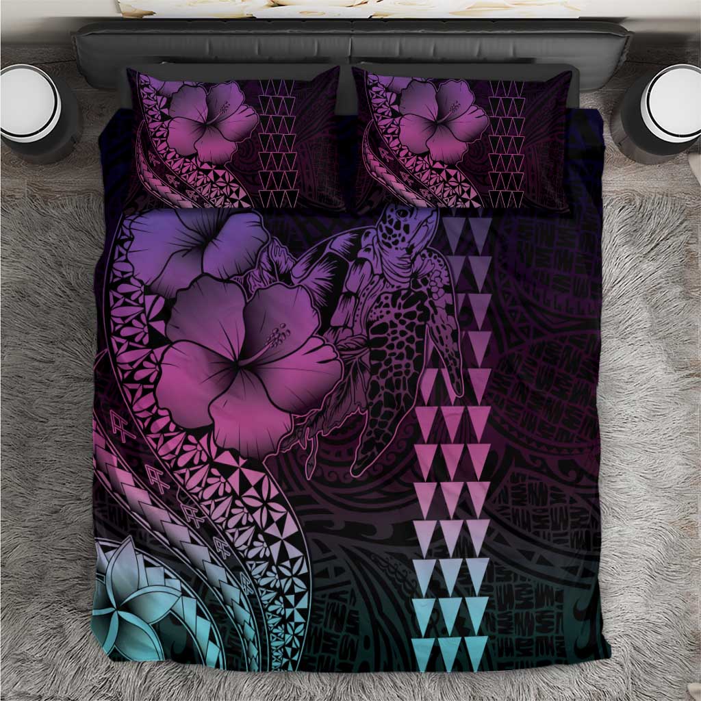 Hawaiian Sea Turtle Bedding Set Pink Hibiscus Flowers and Kakau Pattern