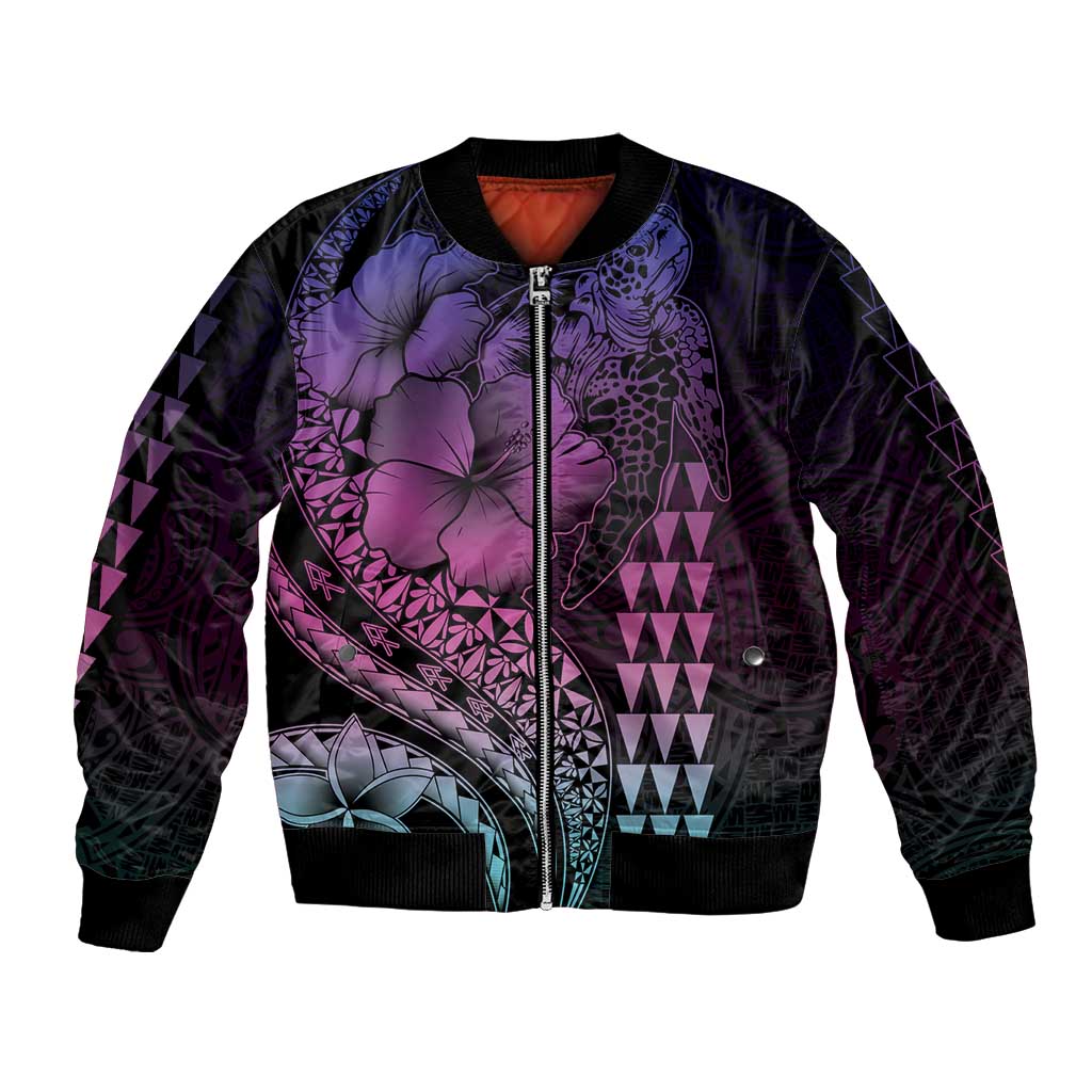 Hawaiian Sea Turtle Bomber Jacket Pink Hibiscus Flowers and Kakau Pattern