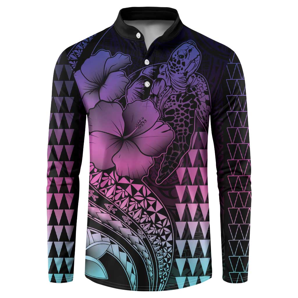 Hawaiian Sea Turtle Button Sweatshirt Pink Hibiscus Flowers and Kakau Pattern