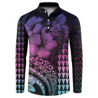 Hawaiian Sea Turtle Button Sweatshirt Pink Hibiscus Flowers and Kakau Pattern