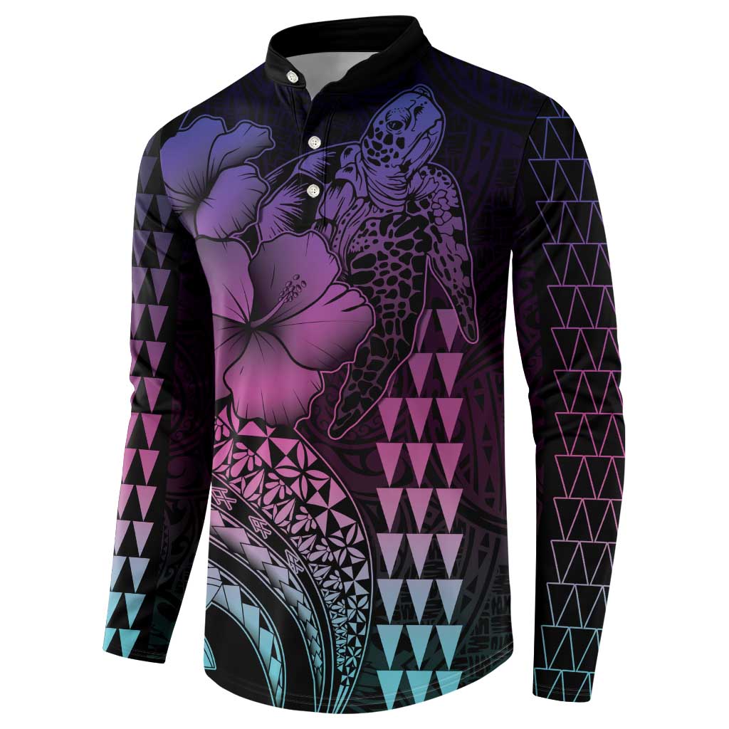 Hawaiian Sea Turtle Button Sweatshirt Pink Hibiscus Flowers and Kakau Pattern