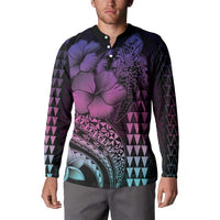 Hawaiian Sea Turtle Button Sweatshirt Pink Hibiscus Flowers and Kakau Pattern
