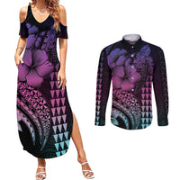 Hawaiian Sea Turtle Couples Matching Summer Maxi Dress and Long Sleeve Button Shirt Pink Hibiscus Flowers and Kakau Pattern