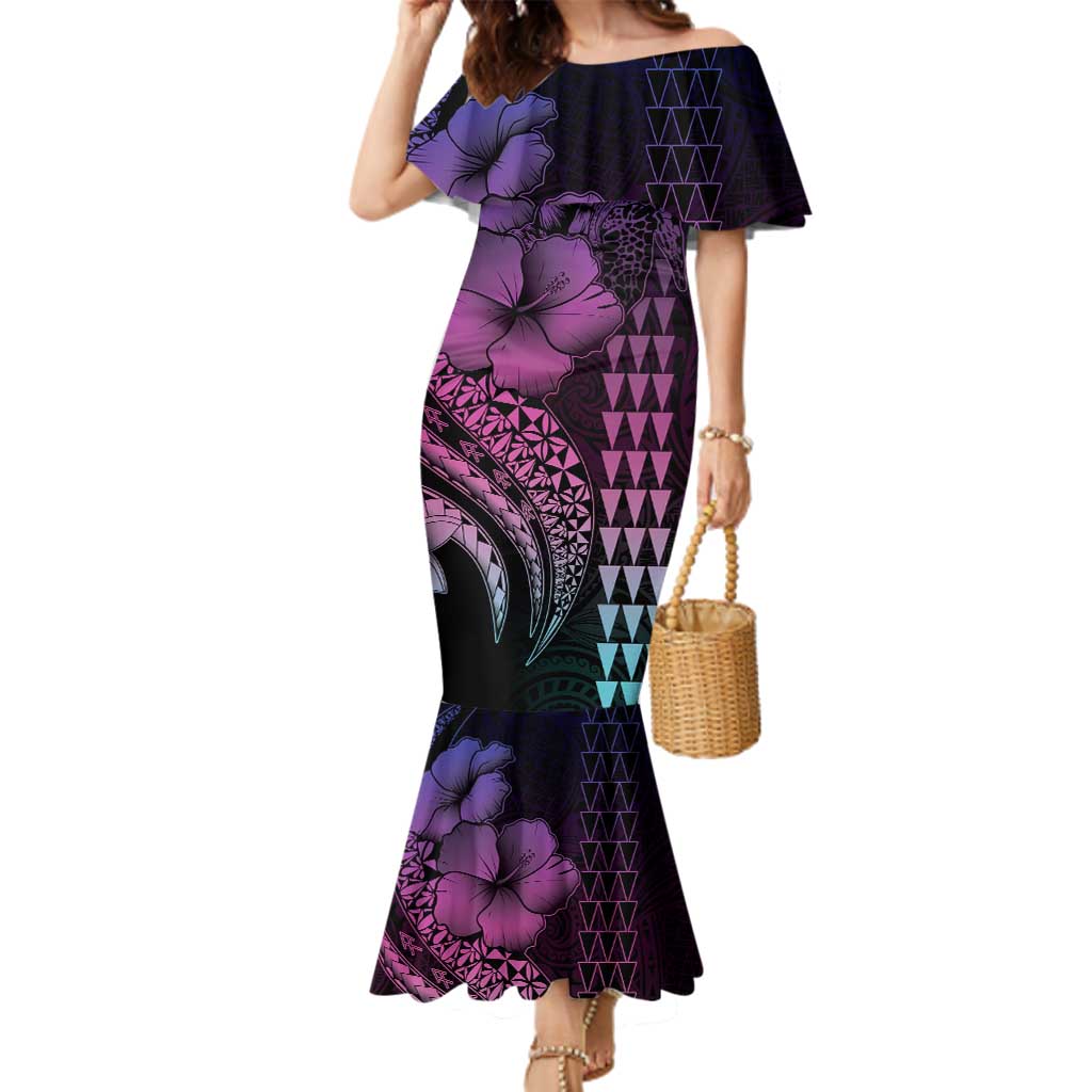 Hawaiian Sea Turtle Family Matching Mermaid Dress and Hawaiian Shirt Pink Hibiscus Flowers and Kakau Pattern