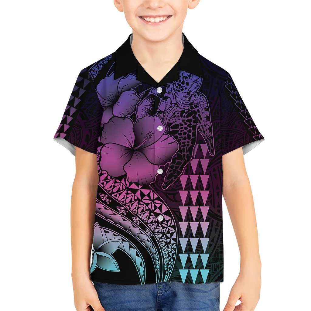 Hawaiian Sea Turtle Family Matching Off Shoulder Maxi Dress and Hawaiian Shirt Pink Hibiscus Flowers and Kakau Pattern