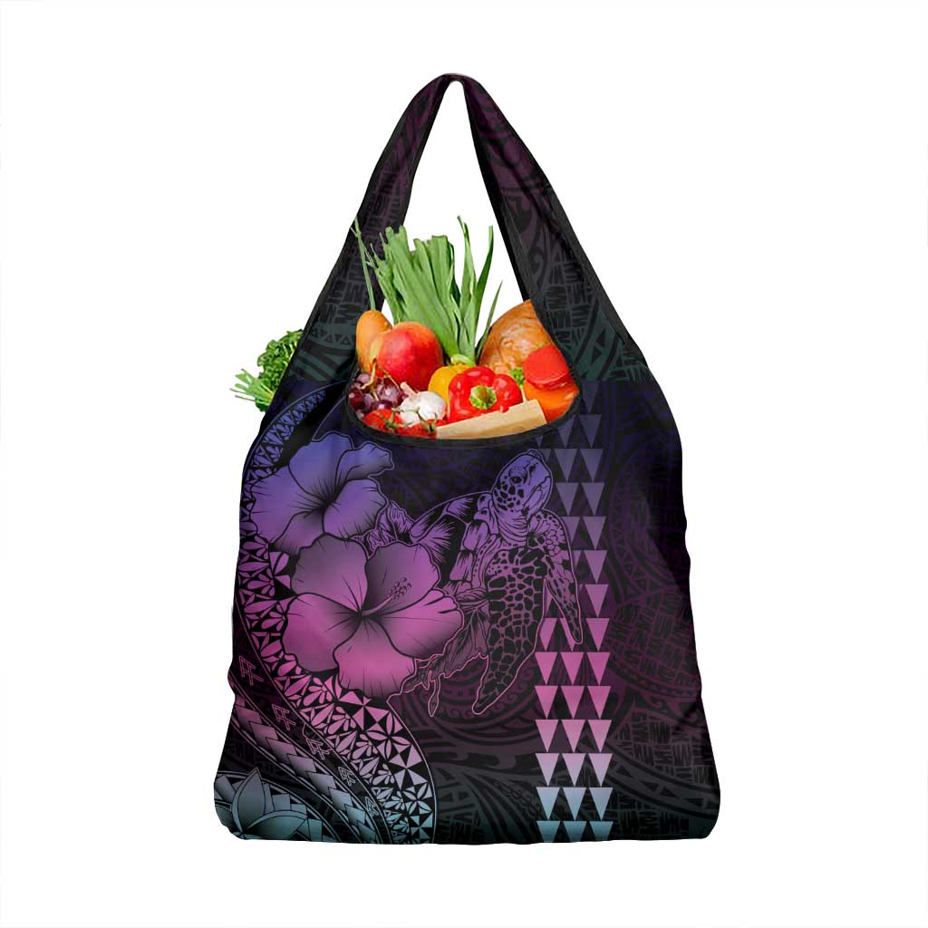 Hawaiian Sea Turtle Grocery Bag Pink Hibiscus Flowers and Kakau Pattern