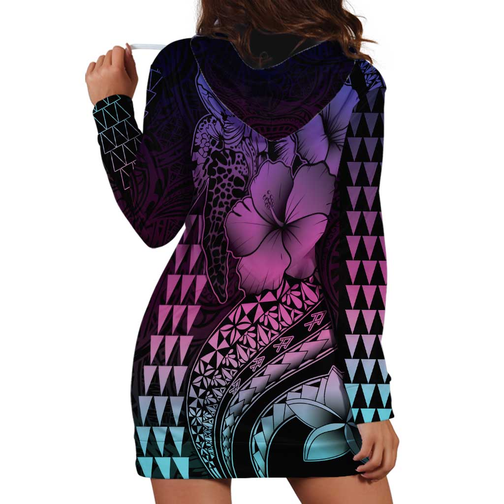 Hawaiian Sea Turtle Hoodie Dress Pink Hibiscus Flowers and Kakau Pattern
