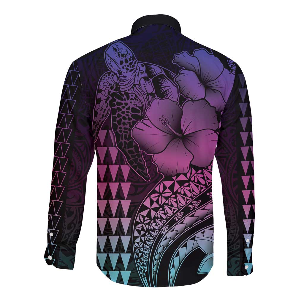 Hawaiian Sea Turtle Long Sleeve Button Shirt Pink Hibiscus Flowers and Kakau Pattern