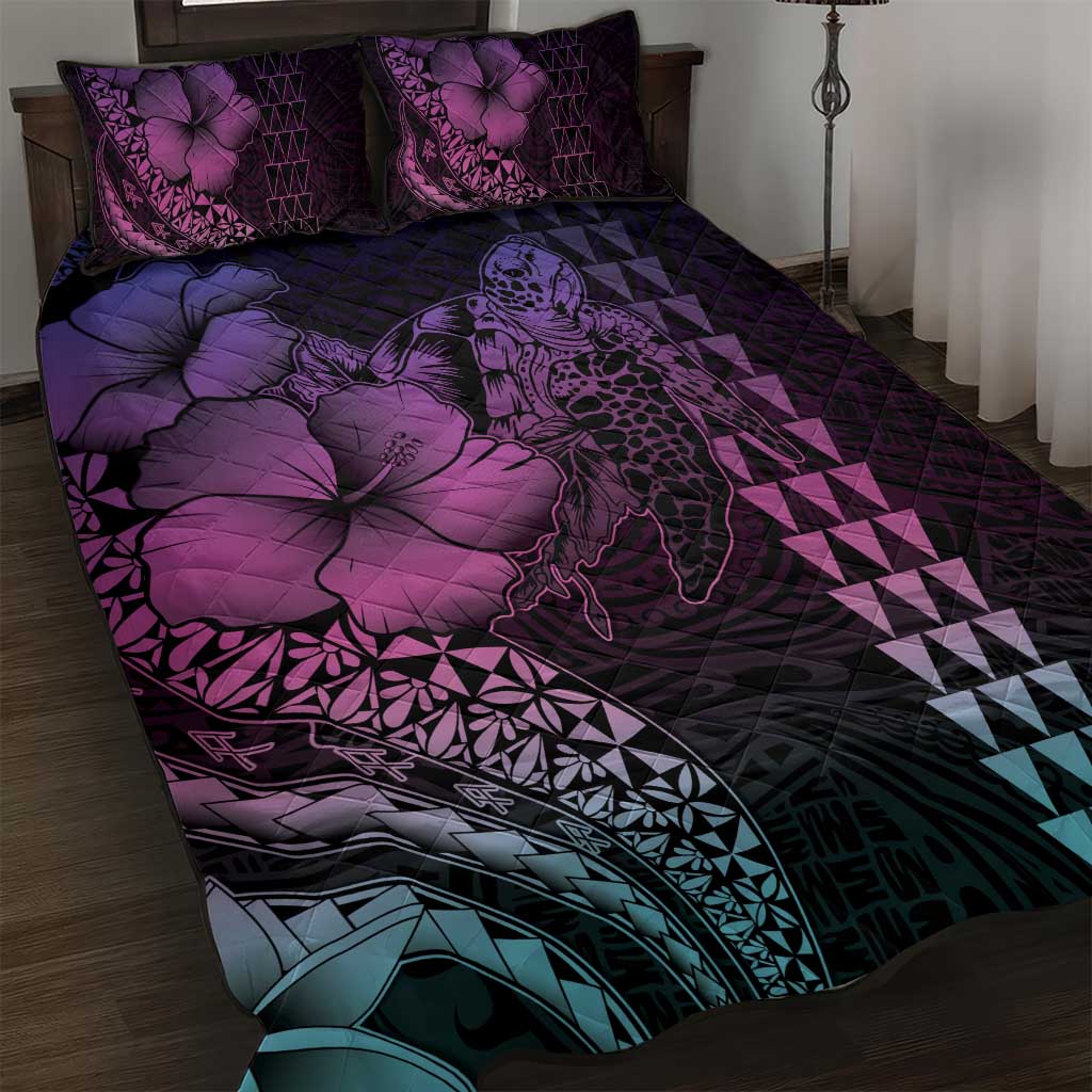 Hawaiian Sea Turtle Quilt Bed Set Pink Hibiscus Flowers and Kakau Pattern