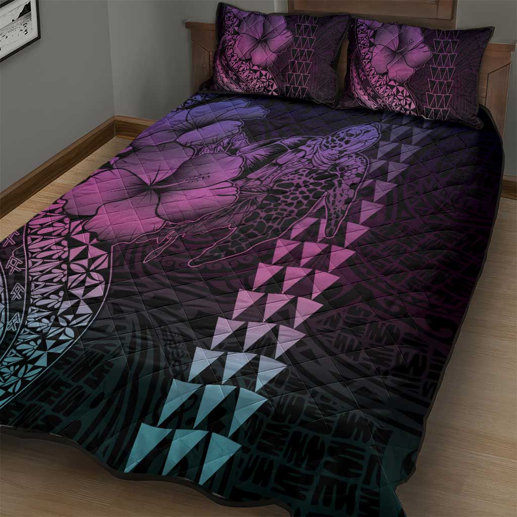 Hawaiian Sea Turtle Quilt Bed Set Pink Hibiscus Flowers and Kakau Pattern