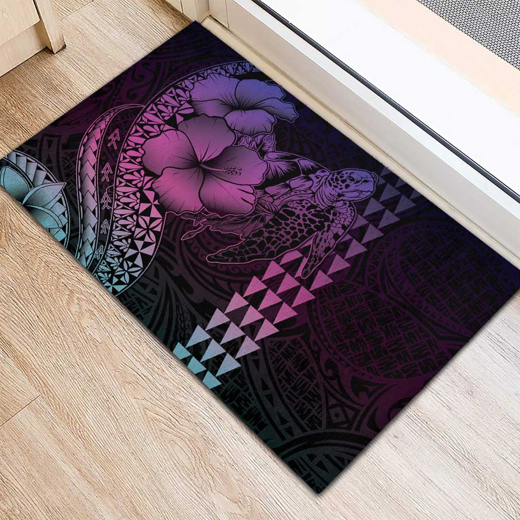 Hawaiian Sea Turtle Rubber Doormat Pink Hibiscus Flowers and Kakau Pattern