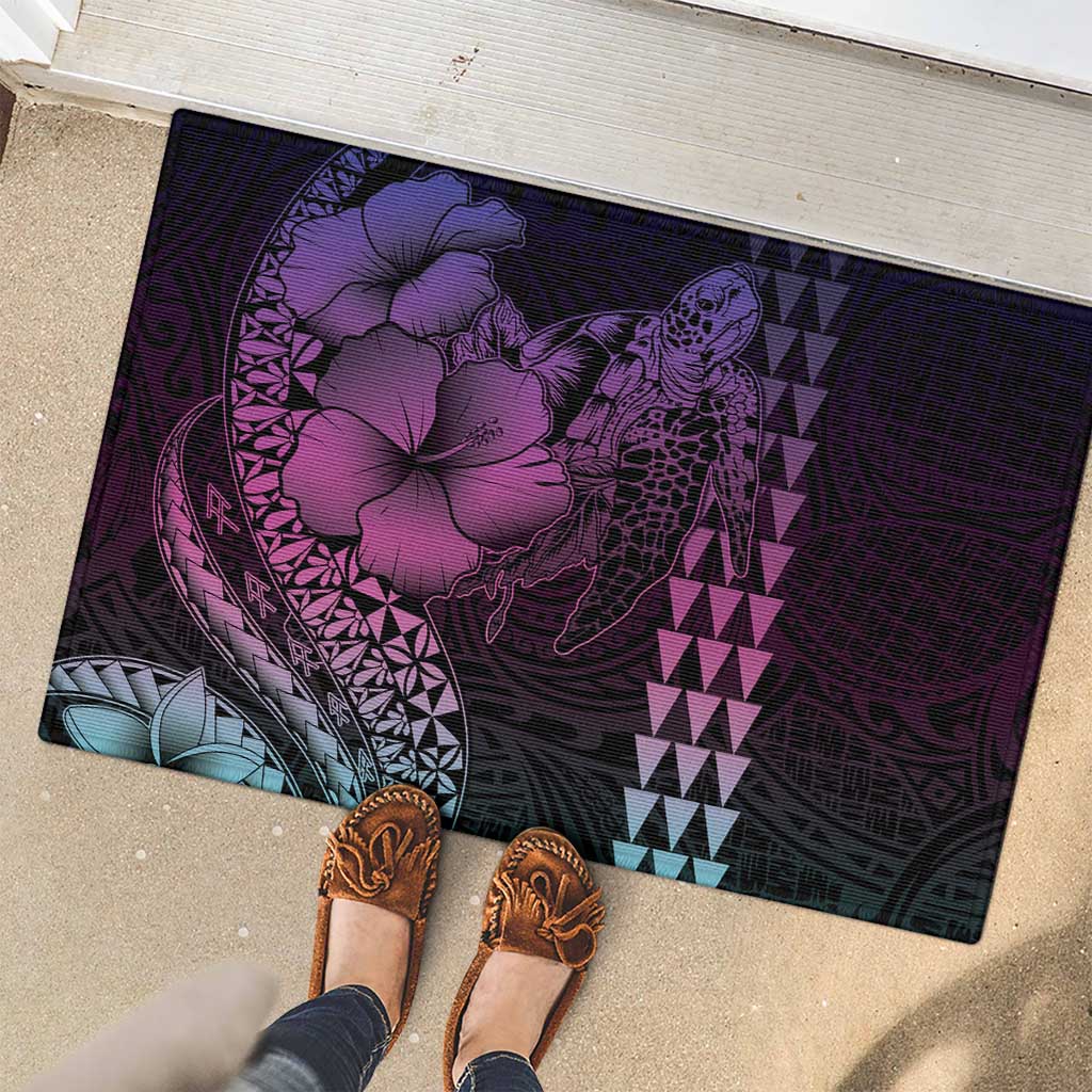Hawaiian Sea Turtle Rubber Doormat Pink Hibiscus Flowers and Kakau Pattern