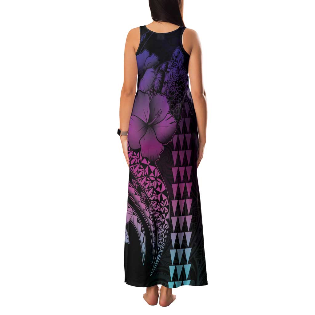 Hawaiian Sea Turtle Tank Maxi Dress Pink Hibiscus Flowers and Kakau Pattern