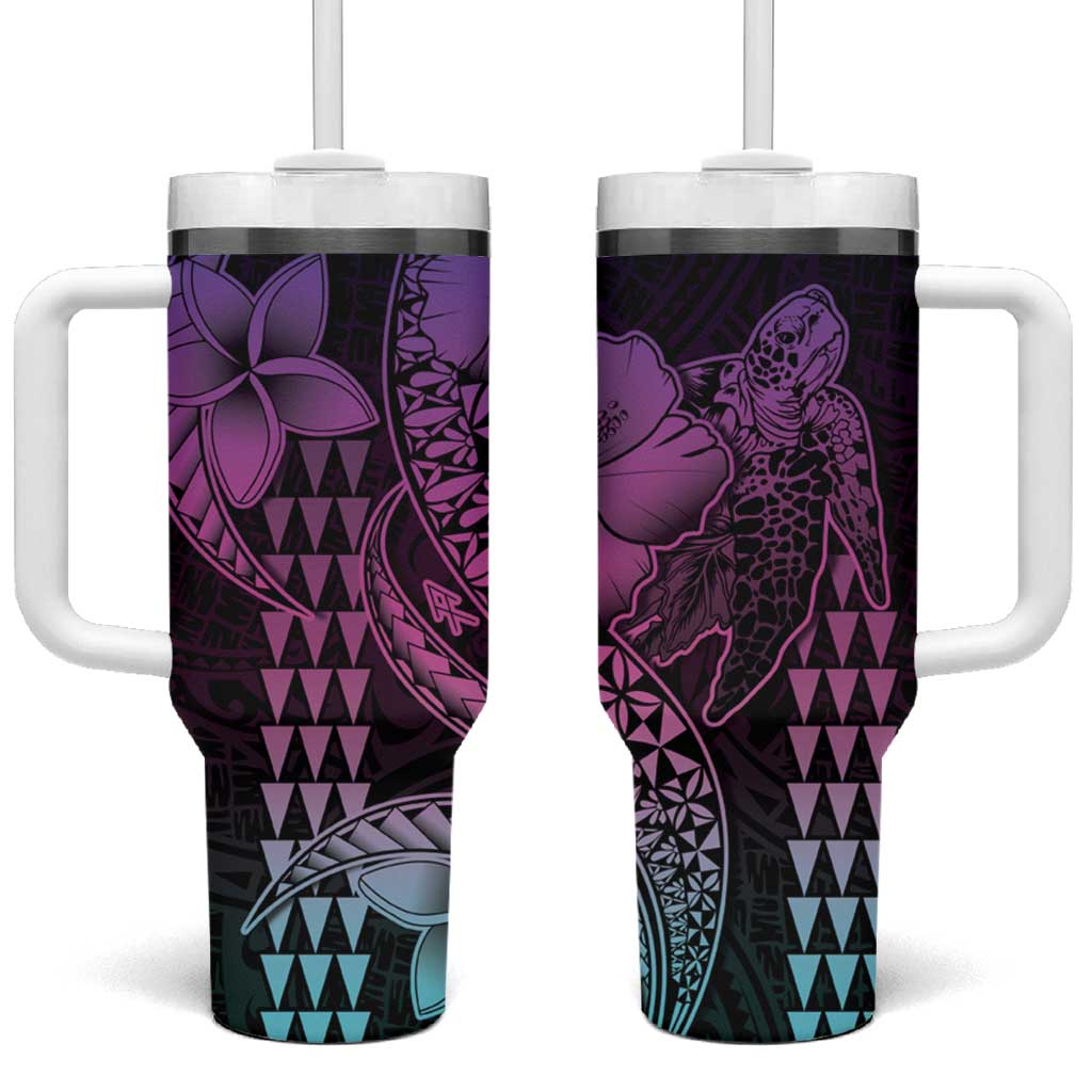 Hawaiian Sea Turtle Tumbler With Handle Pink Hibiscus Flowers and Kakau Pattern