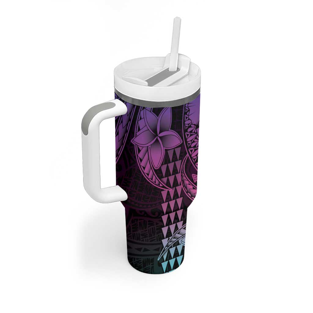 Hawaiian Sea Turtle Tumbler With Handle Pink Hibiscus Flowers and Kakau Pattern