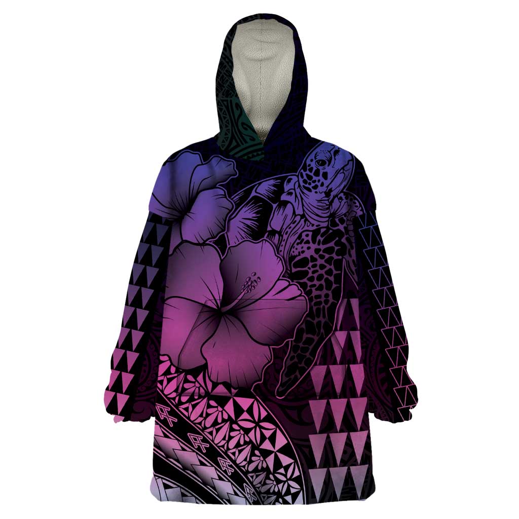 Hawaiian Sea Turtle Wearable Blanket Hoodie Pink Hibiscus Flowers and Kakau Pattern