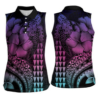 Hawaiian Sea Turtle Women Sleeveless Polo Shirt Pink Hibiscus Flowers and Kakau Pattern