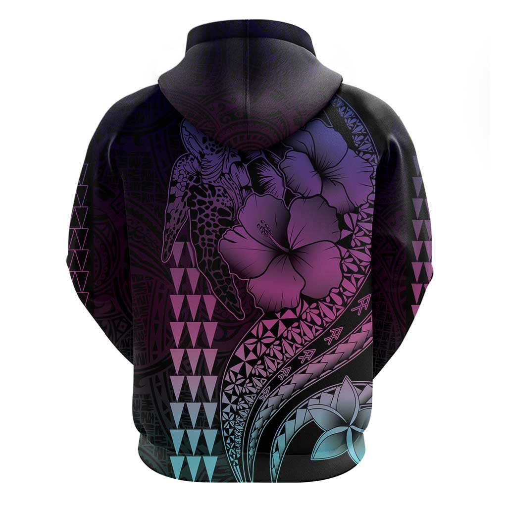 Hawaiian Sea Turtle Zip Hoodie Pink Hibiscus Flowers and Kakau Pattern