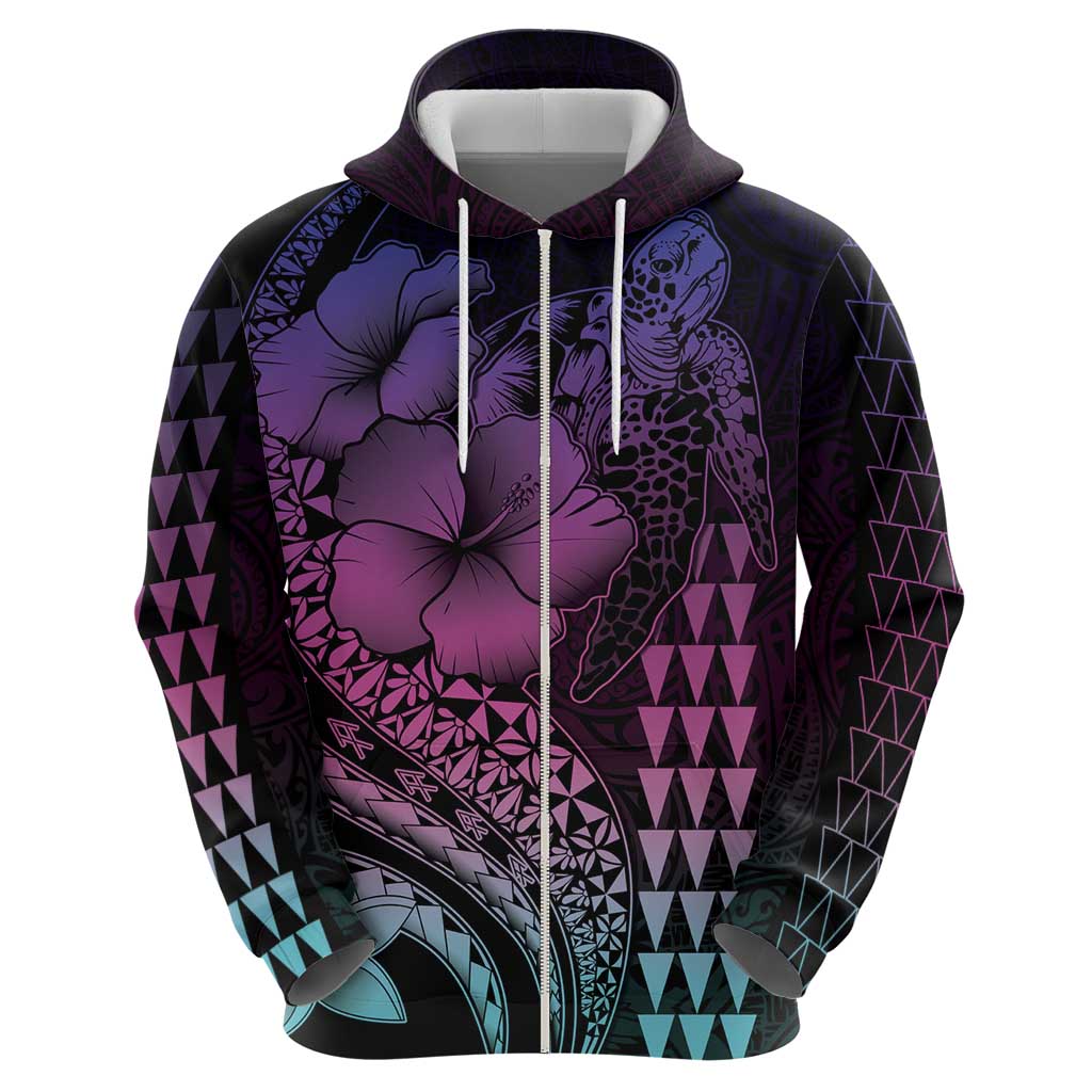 Hawaiian Sea Turtle Zip Hoodie Pink Hibiscus Flowers and Kakau Pattern