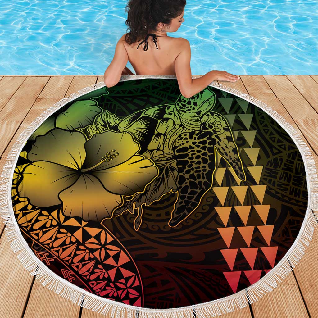 Hawaiian Sea Turtle Beach Blanket Reggae Hibiscus Flowers and Kakau Pattern