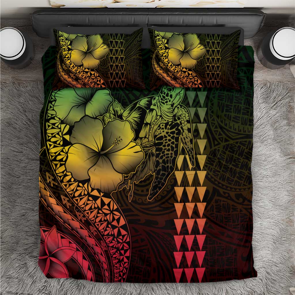 Hawaiian Sea Turtle Bedding Set Reggae Hibiscus Flowers and Kakau Pattern