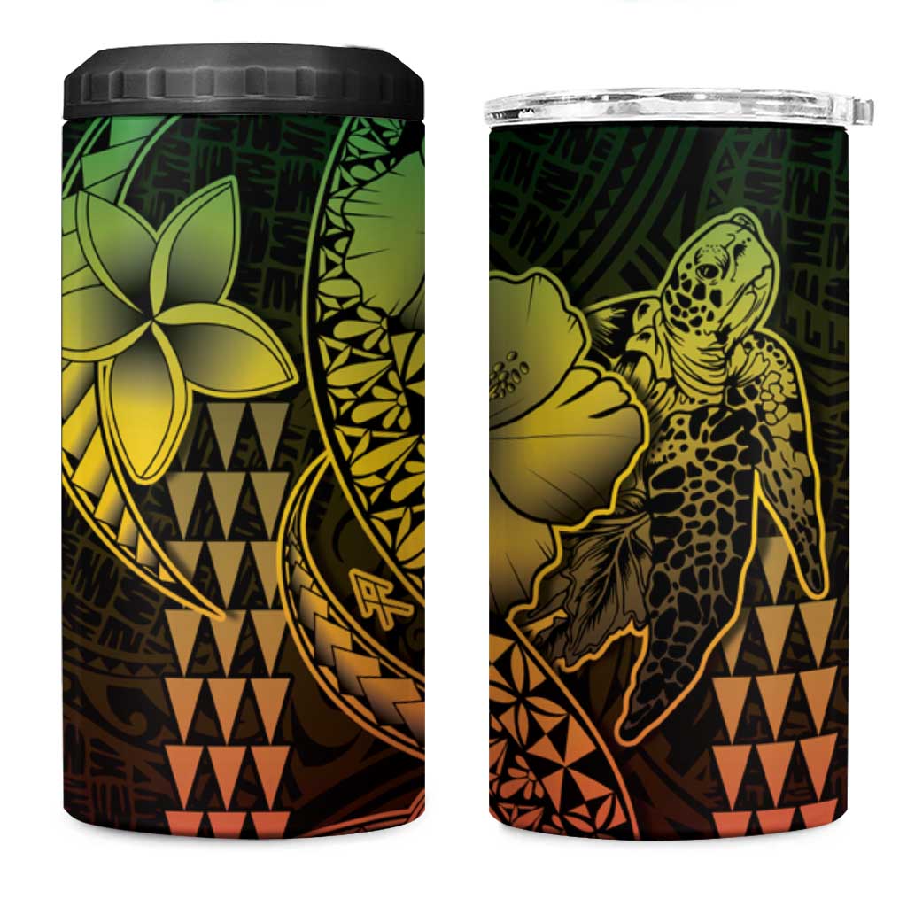 Hawaiian Sea Turtle 4 in 1 Can Cooler Tumbler Reggae Hibiscus Flowers and Kakau Pattern