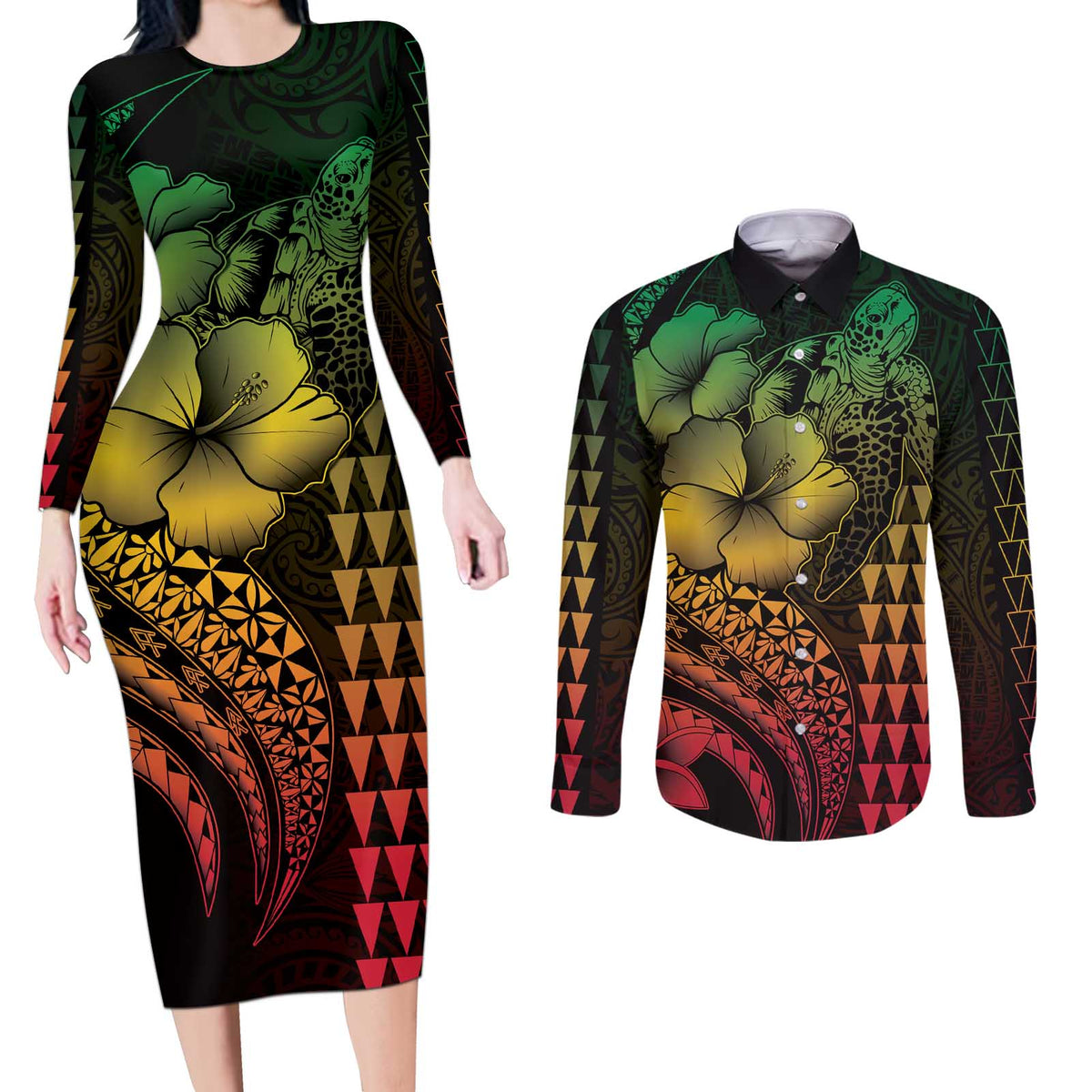 Hawaiian Sea Turtle Couples Matching Long Sleeve Bodycon Dress and Long Sleeve Button Shirt Reggae Hibiscus Flowers and Kakau Pattern