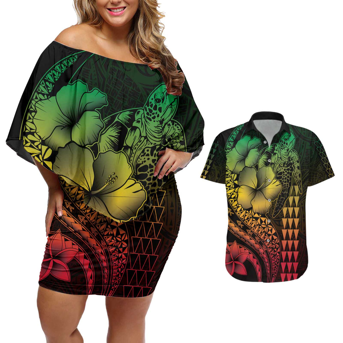 Hawaiian Sea Turtle Couples Matching Off Shoulder Short Dress and Hawaiian Shirt Reggae Hibiscus Flowers and Kakau Pattern