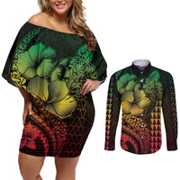 Hawaiian Sea Turtle Couples Matching Off Shoulder Short Dress and Long Sleeve Button Shirt Reggae Hibiscus Flowers and Kakau Pattern