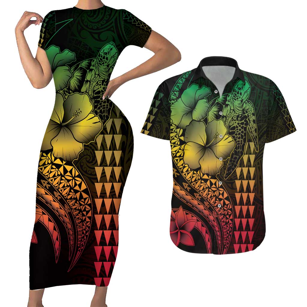 Hawaiian Sea Turtle Couples Matching Short Sleeve Bodycon Dress and Hawaiian Shirt Reggae Hibiscus Flowers and Kakau Pattern