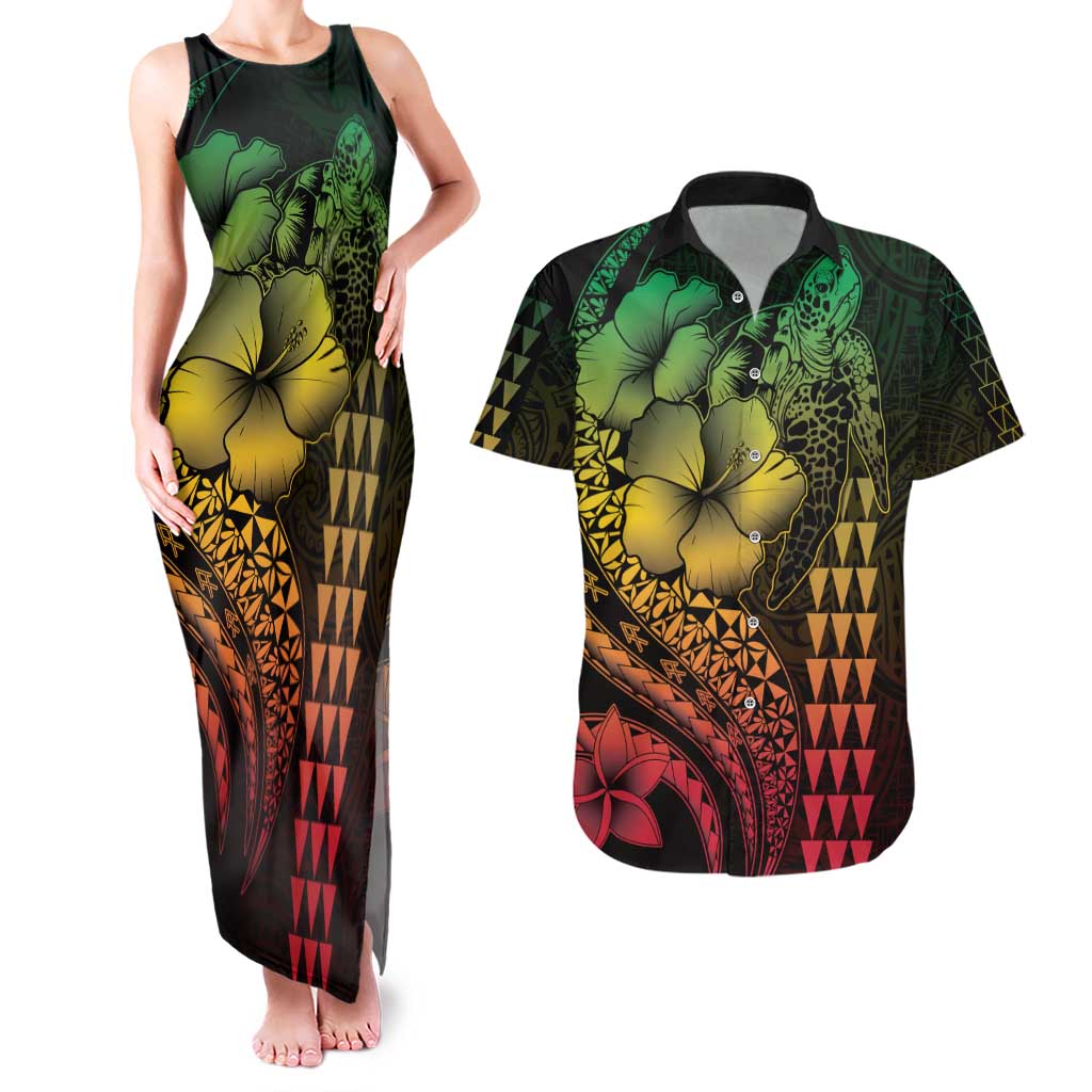 Hawaiian Sea Turtle Couples Matching Tank Maxi Dress and Hawaiian Shirt Reggae Hibiscus Flowers and Kakau Pattern