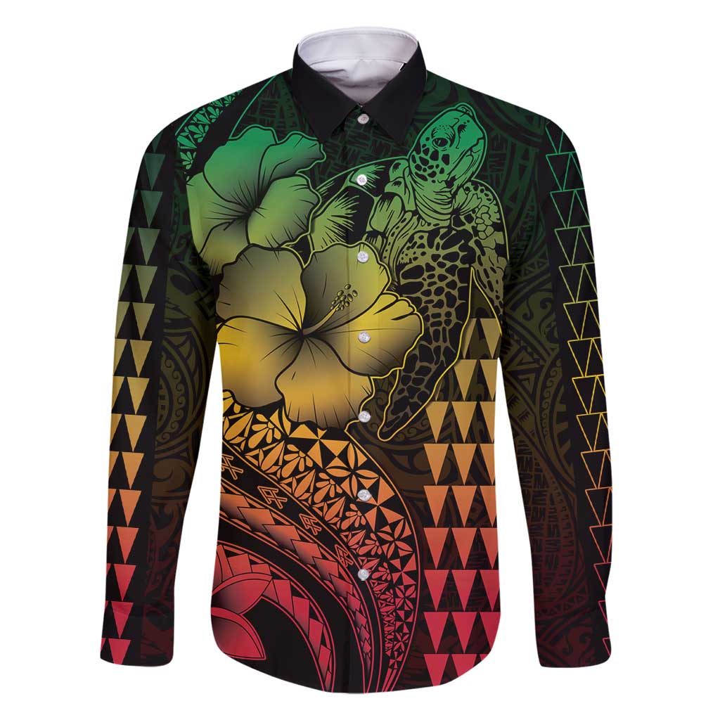 Hawaiian Sea Turtle Family Matching Long Sleeve Bodycon Dress and Hawaiian Shirt Reggae Hibiscus Flowers and Kakau Pattern