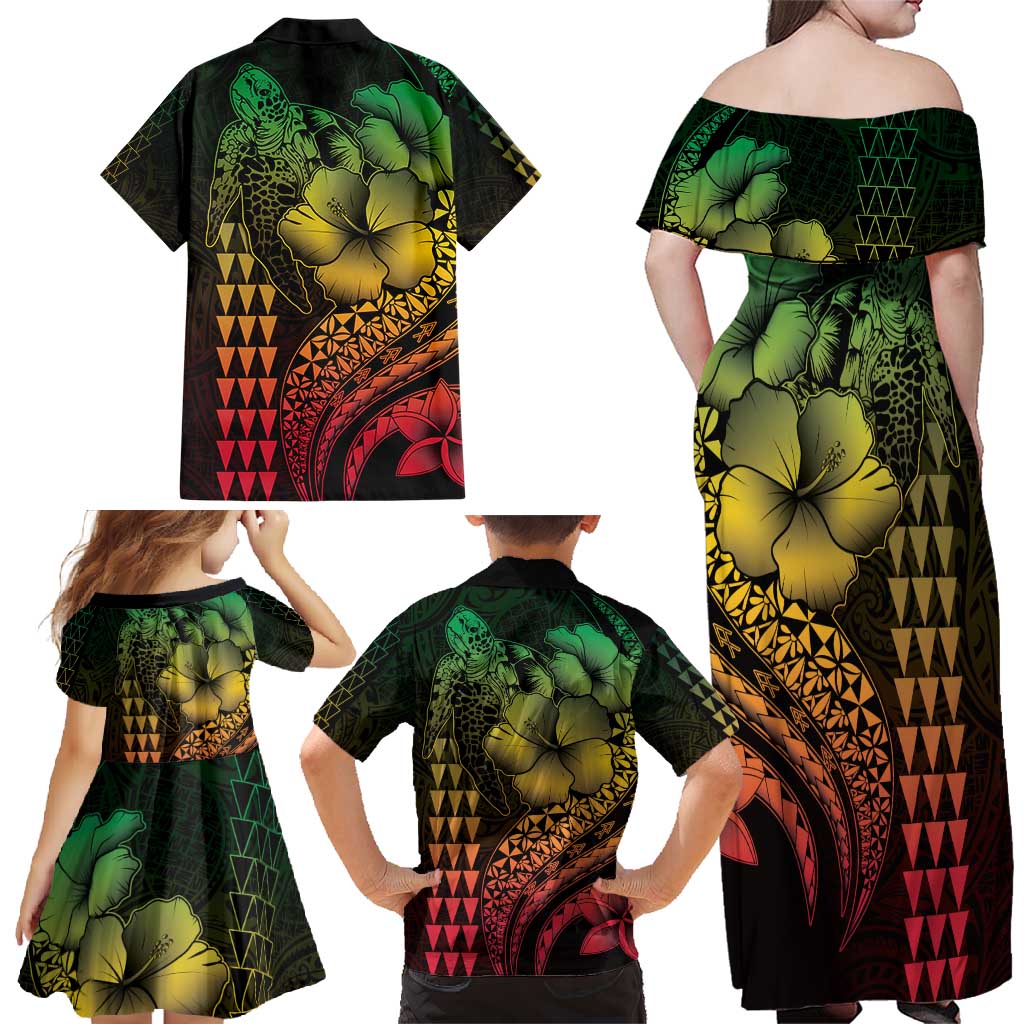 Hawaiian Sea Turtle Family Matching Off Shoulder Maxi Dress and Hawaiian Shirt Reggae Hibiscus Flowers and Kakau Pattern