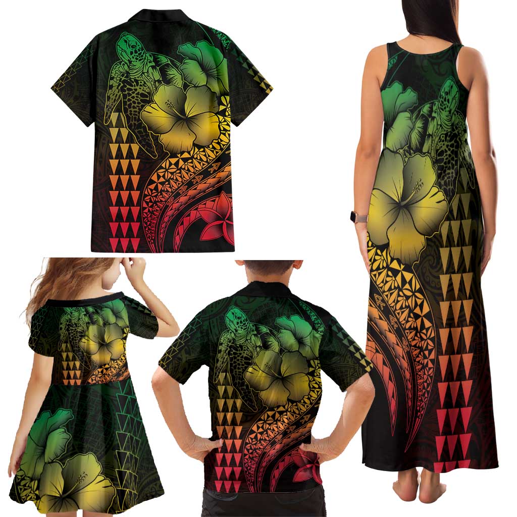 Hawaiian Sea Turtle Family Matching Tank Maxi Dress and Hawaiian Shirt Reggae Hibiscus Flowers and Kakau Pattern