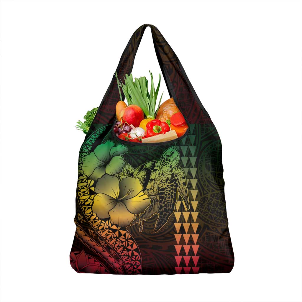 Hawaiian Sea Turtle Grocery Bag Reggae Hibiscus Flowers and Kakau Pattern