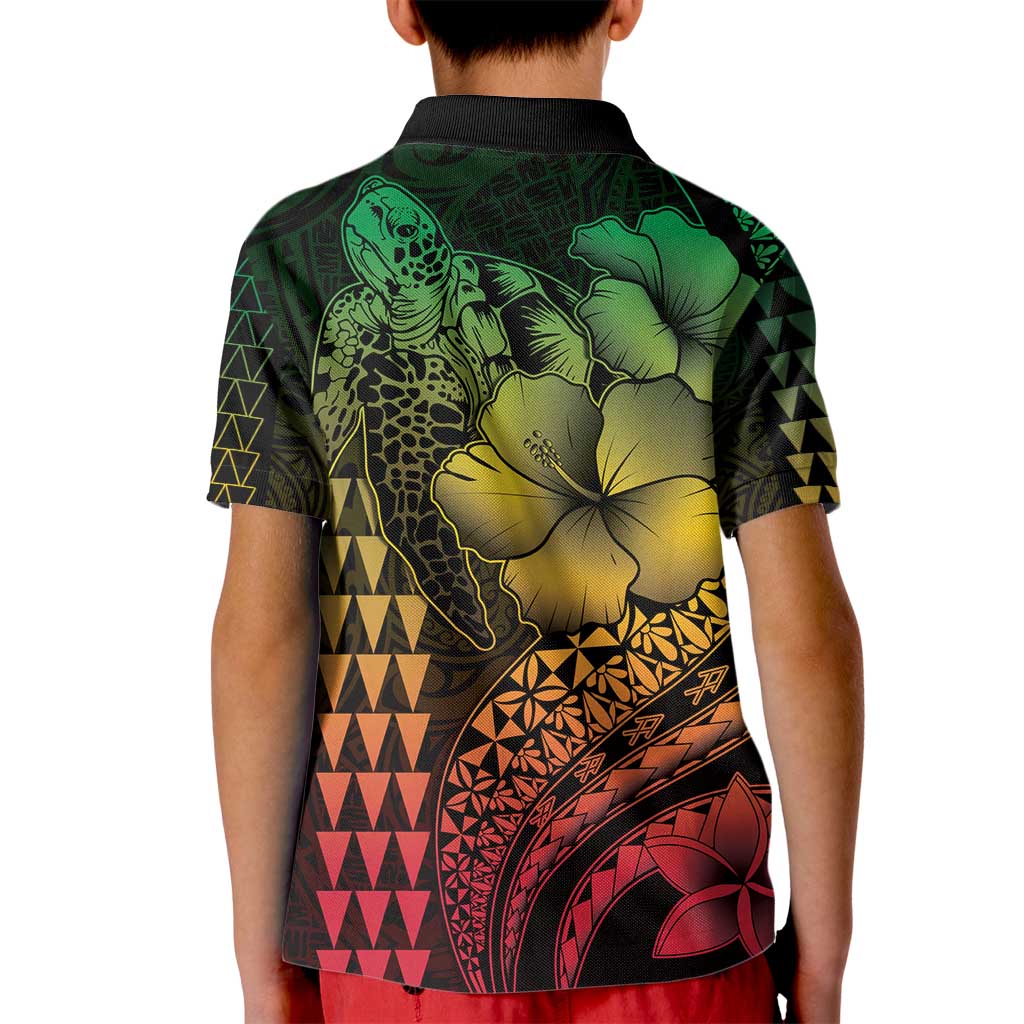Hawaiian Sea Turtle Kid Polo Shirt Reggae Hibiscus Flowers and Kakau Pattern
