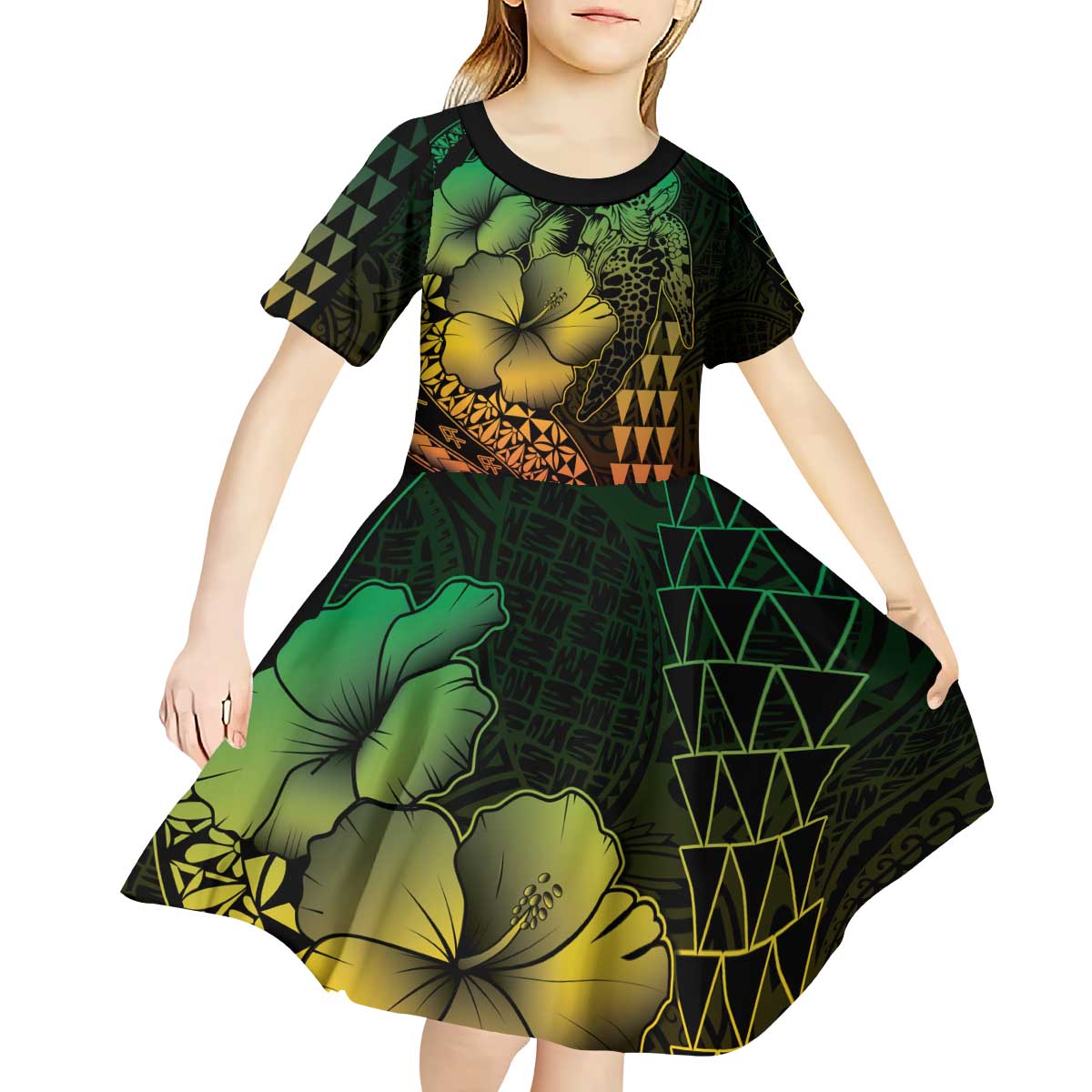 Hawaiian Sea Turtle Kid Short Sleeve Dress Reggae Hibiscus Flowers and Kakau Pattern