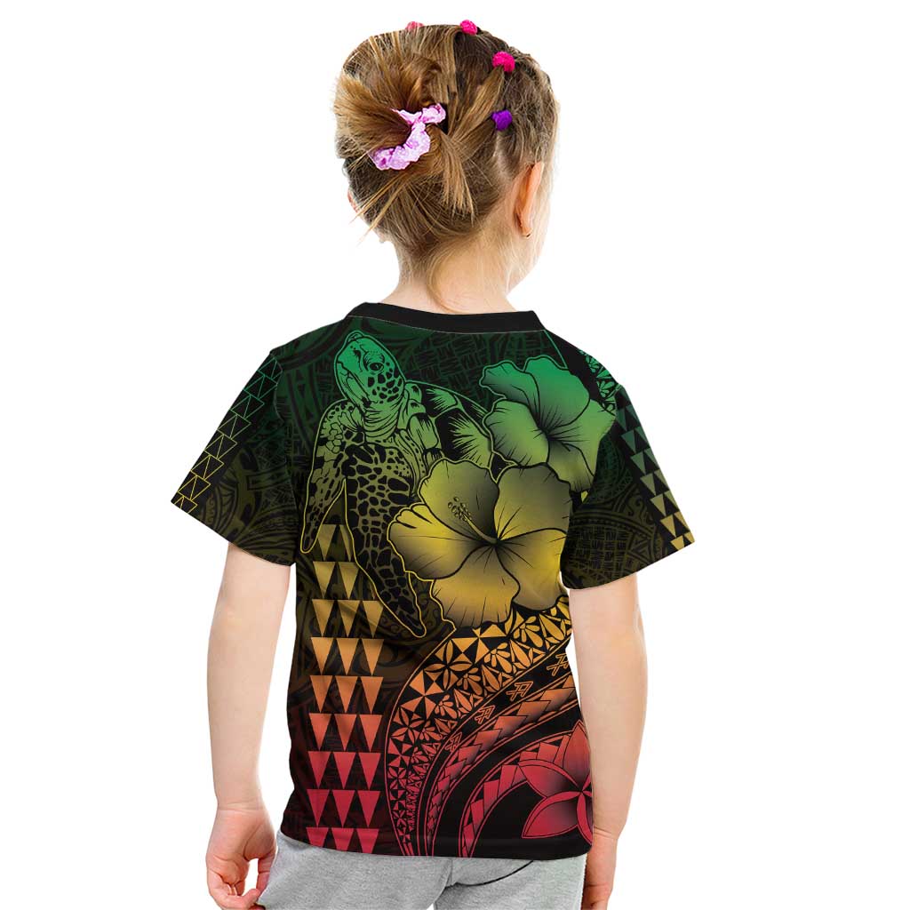 Hawaiian Sea Turtle Kid T Shirt Reggae Hibiscus Flowers and Kakau Pattern