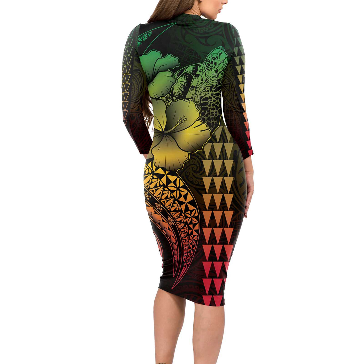 Hawaiian Sea Turtle Long Sleeve Bodycon Dress Reggae Hibiscus Flowers and Kakau Pattern