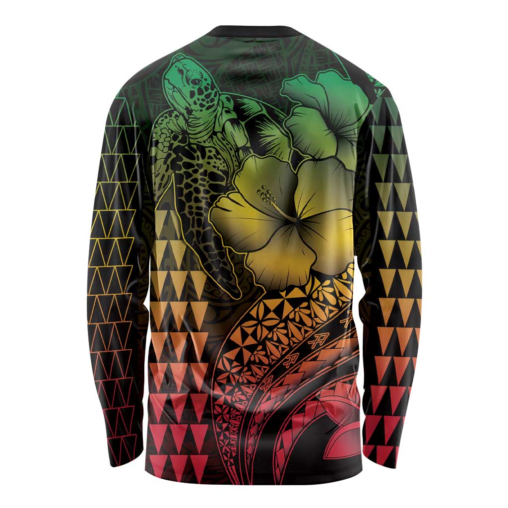 Hawaiian Sea Turtle Long Sleeve Shirt Reggae Hibiscus Flowers and Kakau Pattern