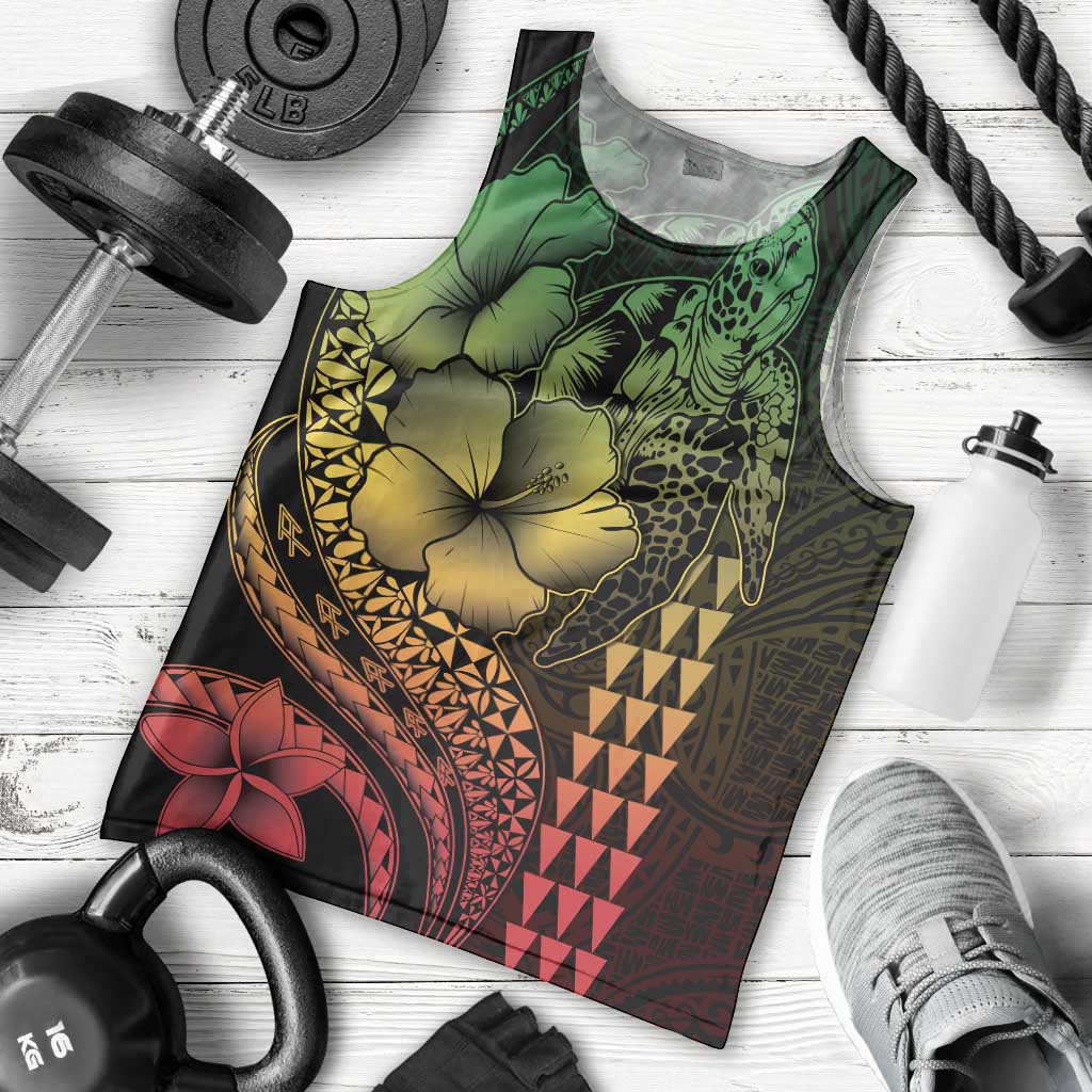 Hawaiian Sea Turtle Men Tank Top Reggae Hibiscus Flowers and Kakau Pattern