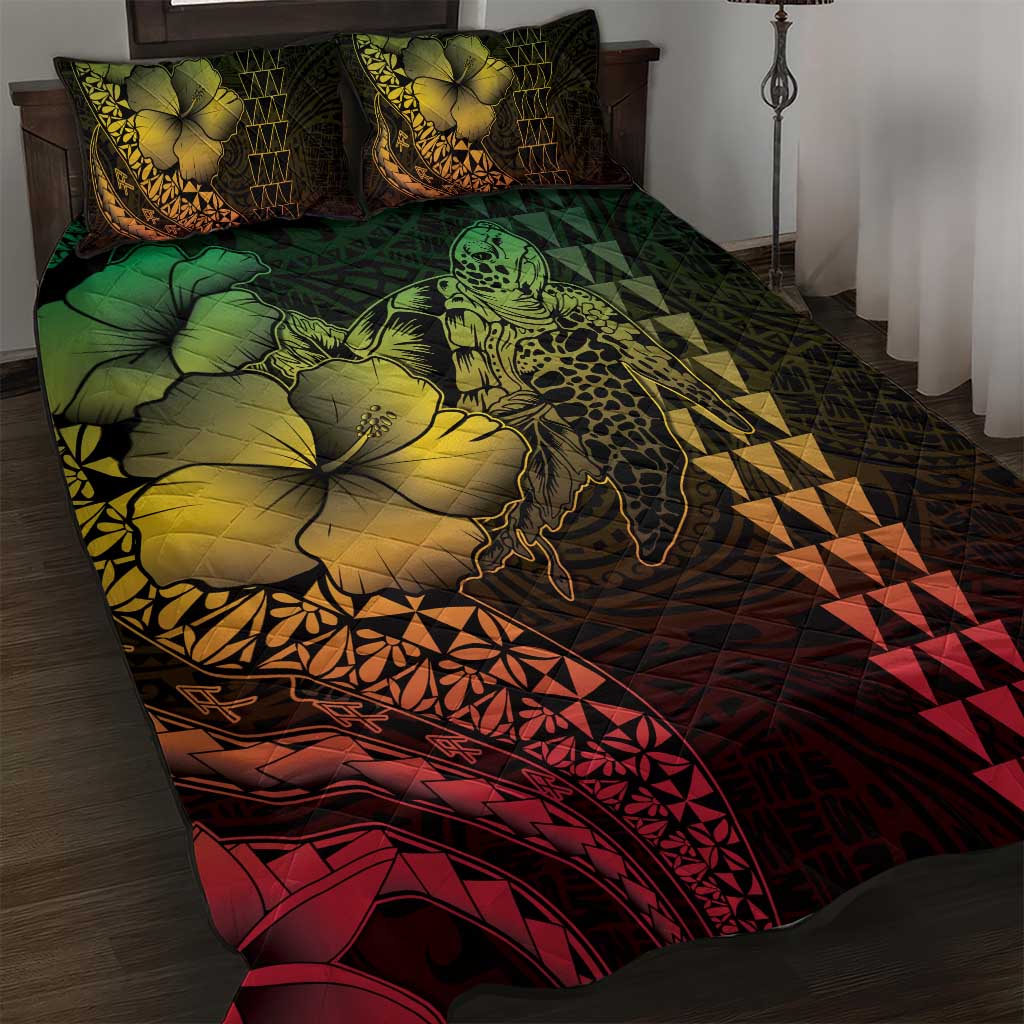 Hawaiian Sea Turtle Quilt Bed Set Reggae Hibiscus Flowers and Kakau Pattern