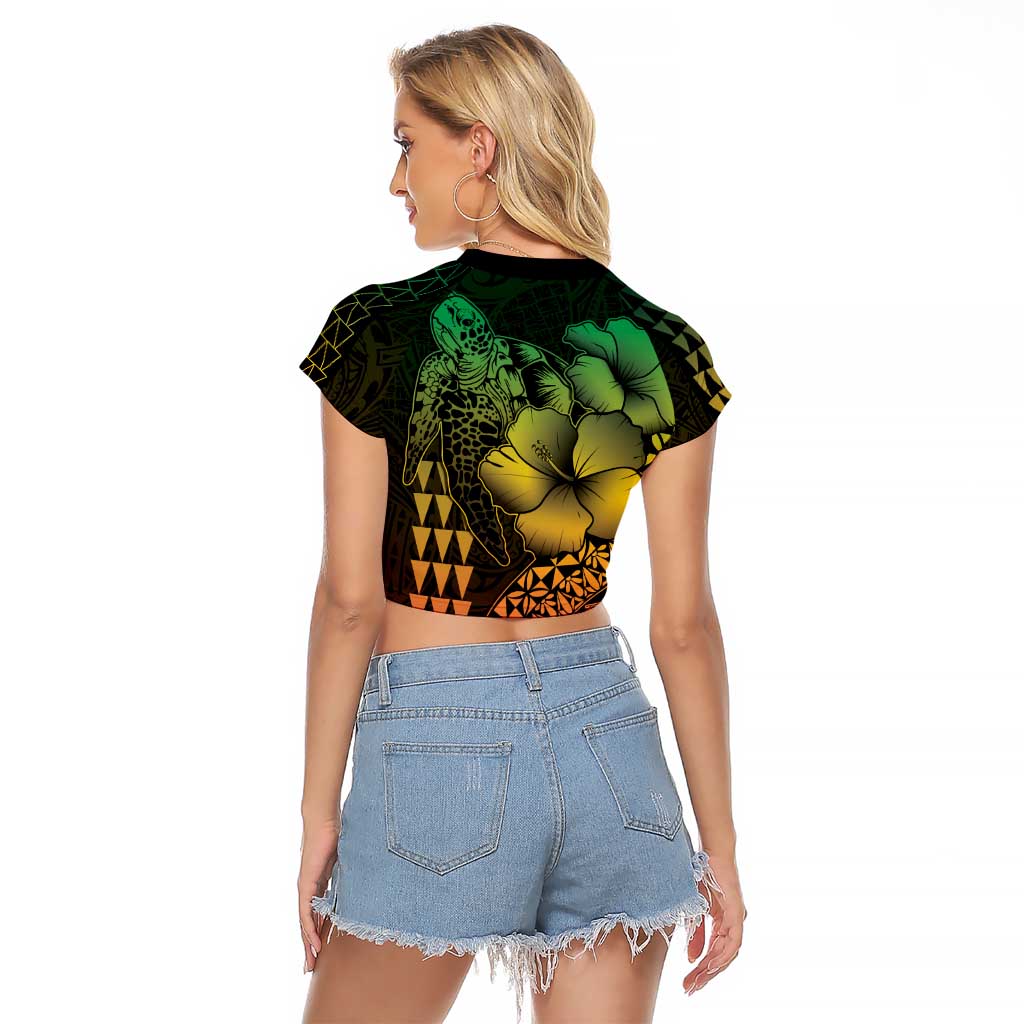 Hawaiian Sea Turtle Raglan Cropped T Shirt Reggae Hibiscus Flowers and Kakau Pattern