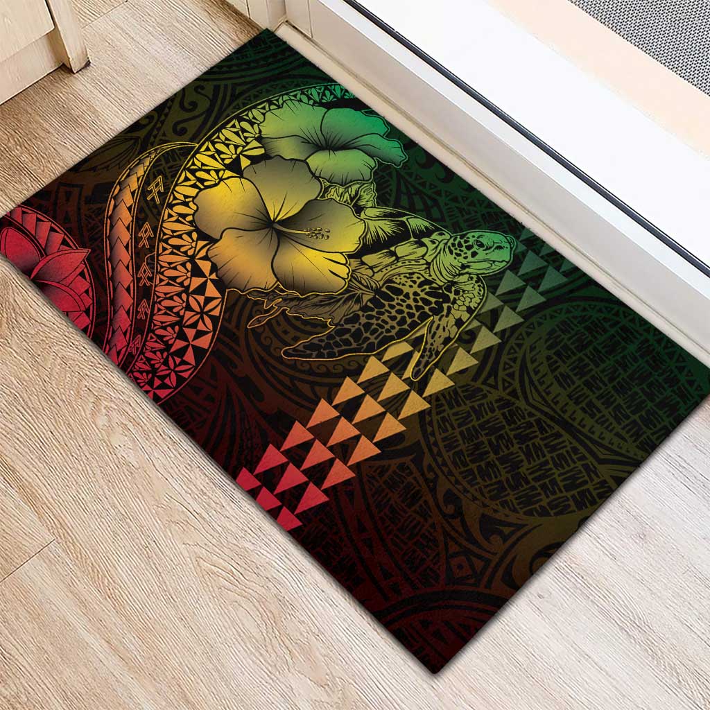 Hawaiian Sea Turtle Rubber Doormat Reggae Hibiscus Flowers and Kakau Pattern