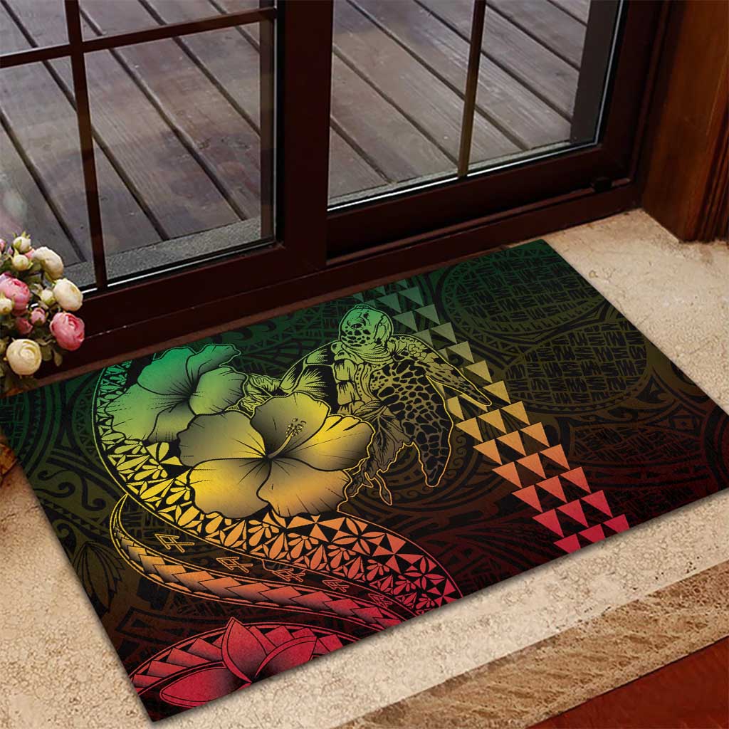 Hawaiian Sea Turtle Rubber Doormat Reggae Hibiscus Flowers and Kakau Pattern