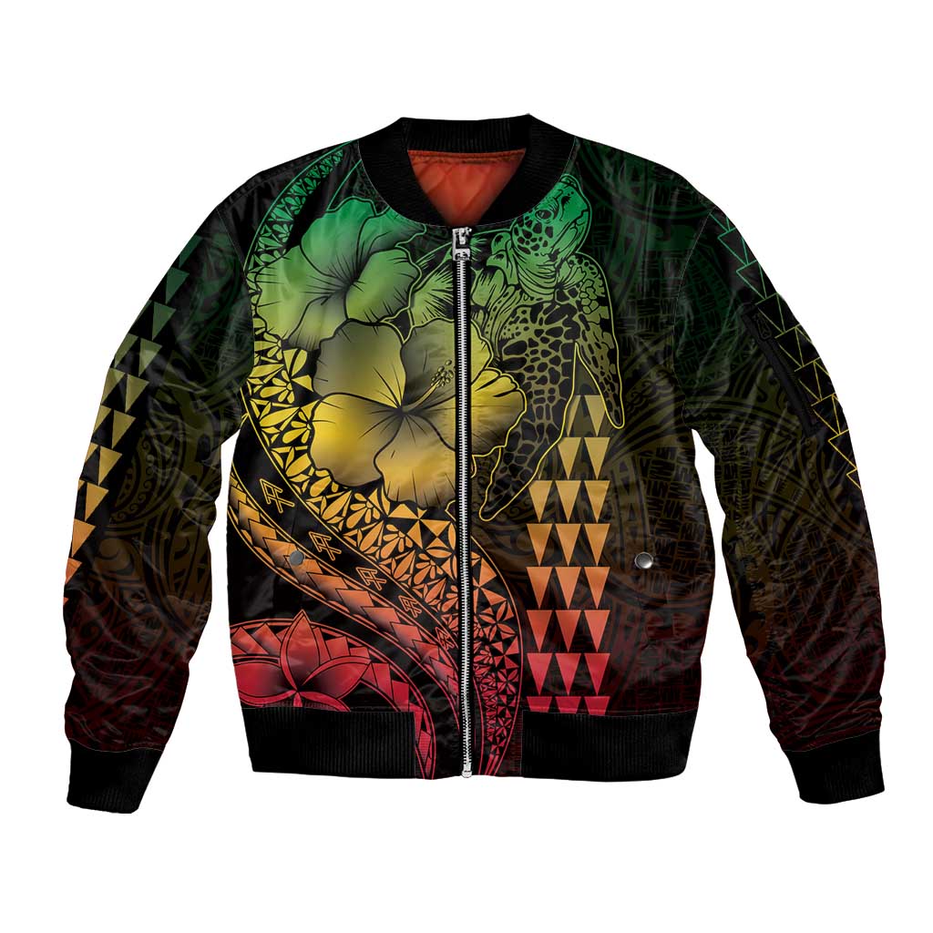 Hawaiian Sea Turtle Sleeve Zip Bomber Jacket Reggae Hibiscus Flowers and Kakau Pattern