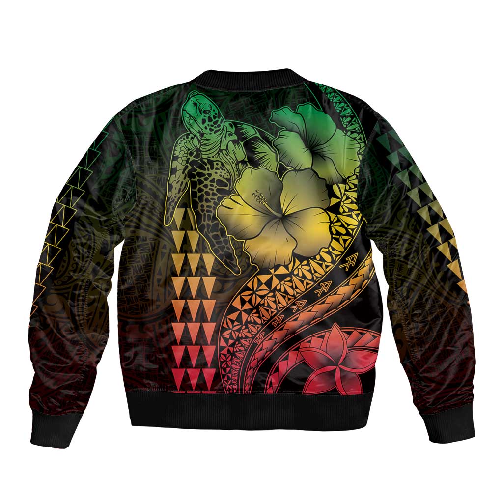 Hawaiian Sea Turtle Sleeve Zip Bomber Jacket Reggae Hibiscus Flowers and Kakau Pattern