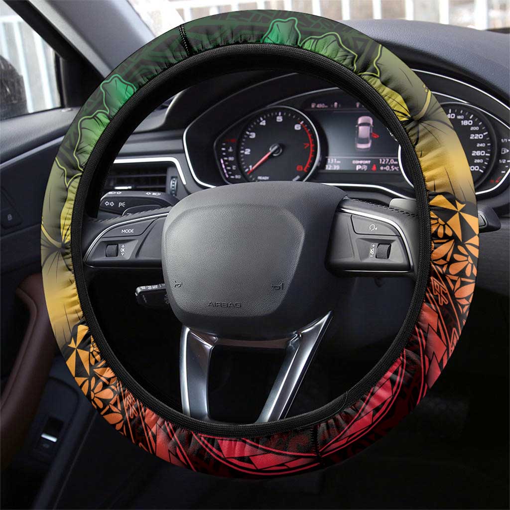 Hawaiian Sea Turtle Steering Wheel Cover Reggae Hibiscus Flowers and Kakau Pattern